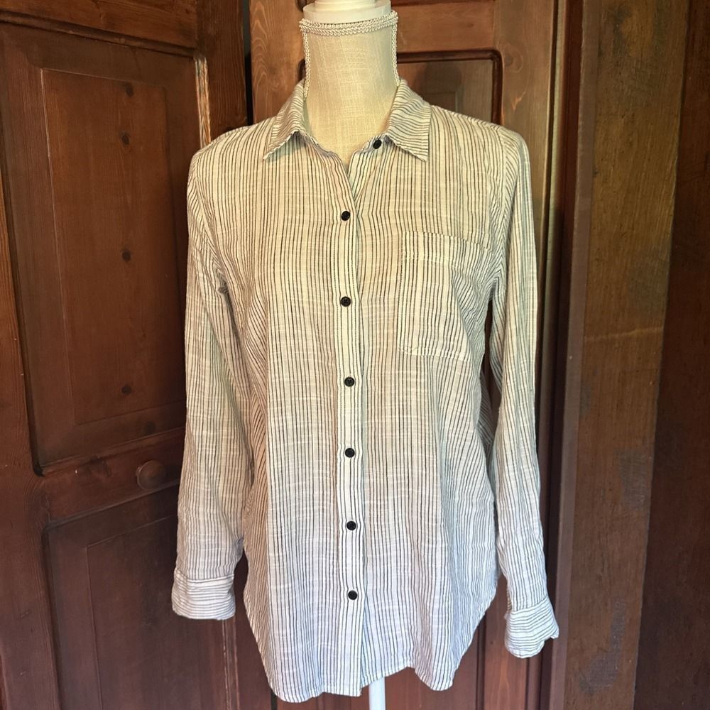 Lucky Brand‎ Womens Small Stripe Collared Cotton Shirt Black White